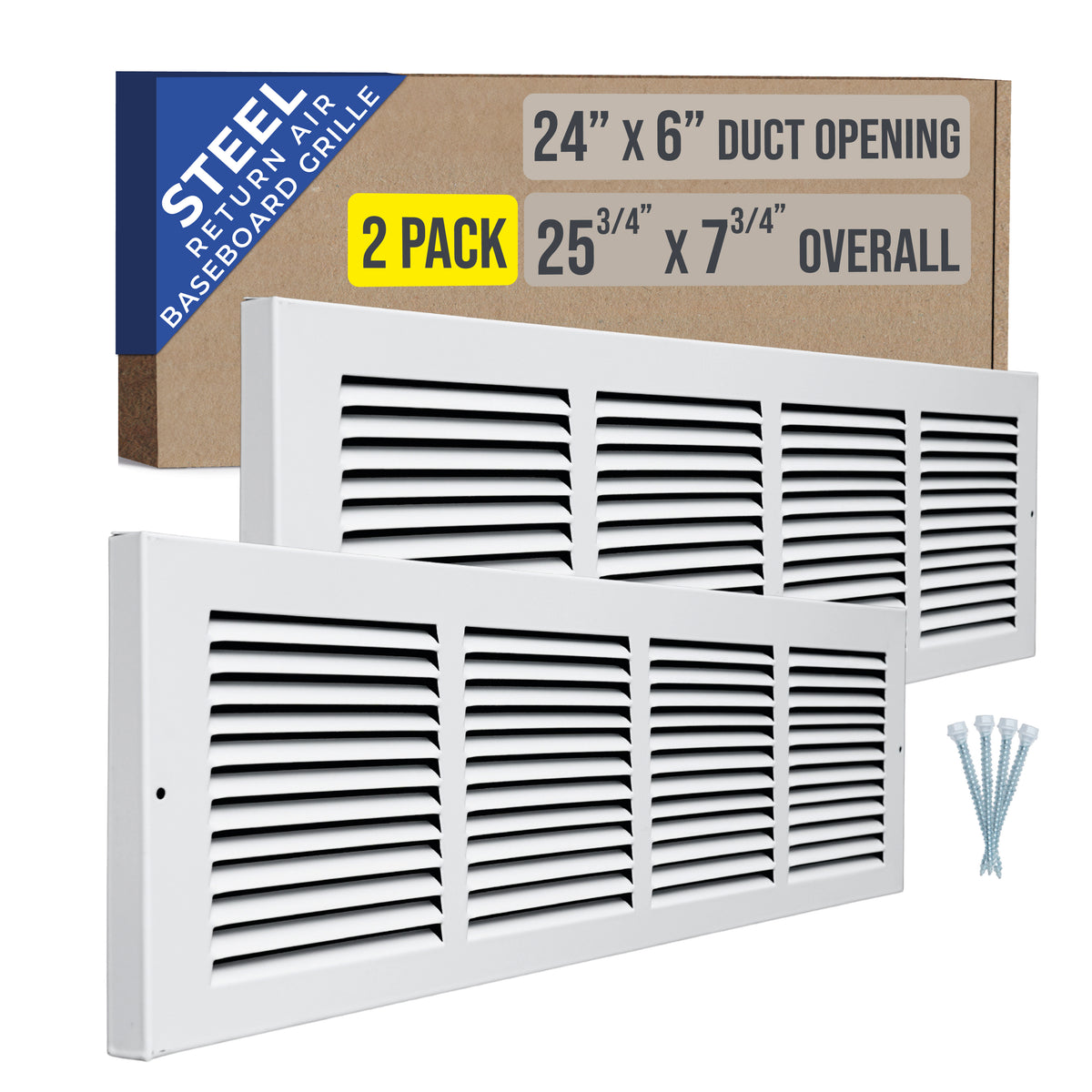 [2 Pack] 24"W x 6"H [Duct Opening] Baseboard Return Air Grille | 7/8" Margin Turnback to Fit Baseboard | White | Outer Dimensions: 25.75"W X 7.75"H