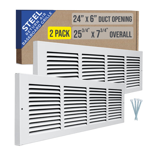 [2 Pack] 24"W x 6"H [Duct Opening] Baseboard Return Air Grille | 7/8" Margin Turnback to Fit Baseboard | White | Outer Dimensions: 25.75"W X 7.75"H