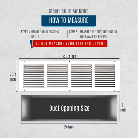 24" X 6" Duct Opening | Steel Return Air Grille for Sidewall and Ceiling | Outer Dimensions: 25.75"W X 7.75"H