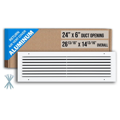 24"x6" Premium Aluminum Return Air Grille – Rust-Free HVAC Vent Cover for Wall & Ceiling | White | Out. Dim.: 25-13/16"W X 7-13/16"H