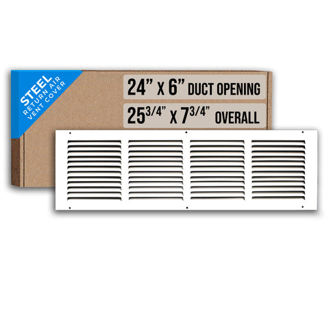 24" X 6" Duct Opening | Steel Return Air Grille for Sidewall and Ceiling | Outer Dimensions: 25.75"W X 7.75"H