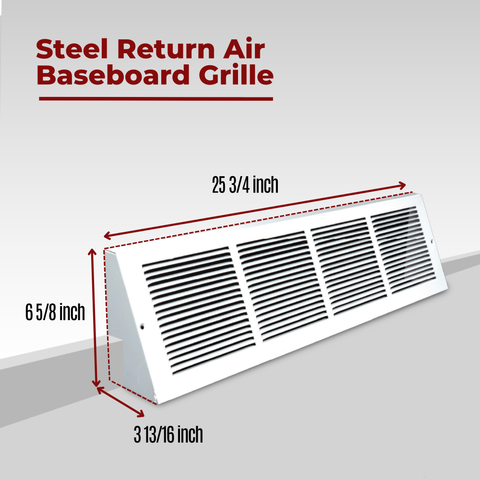 24"W x 6"H [Duct Opening] Steel Triangular Baseboard Return Air Grille | Air Register Vent Cover Grill | 3.75" Depth | White | Outer Dimensions: 25-3/4" x 6-5/8"