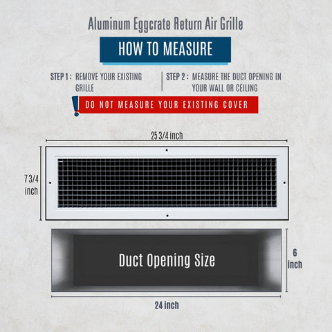 24" x 6" [Duct Opening] Aluminum Return Air Grille | Rust Proof Eggcrate Vent Cover Grill for Sidewall and Ceiling, White | Outer Dimensions: 25.75" X 7.75"