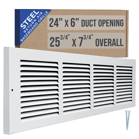 24"W x 6"H [Duct Opening] Baseboard Return Air Grille | 7/8" Margin Turnback to Fit Baseboard | White | Outer Dimensions: 25.75"W X 7.75"H