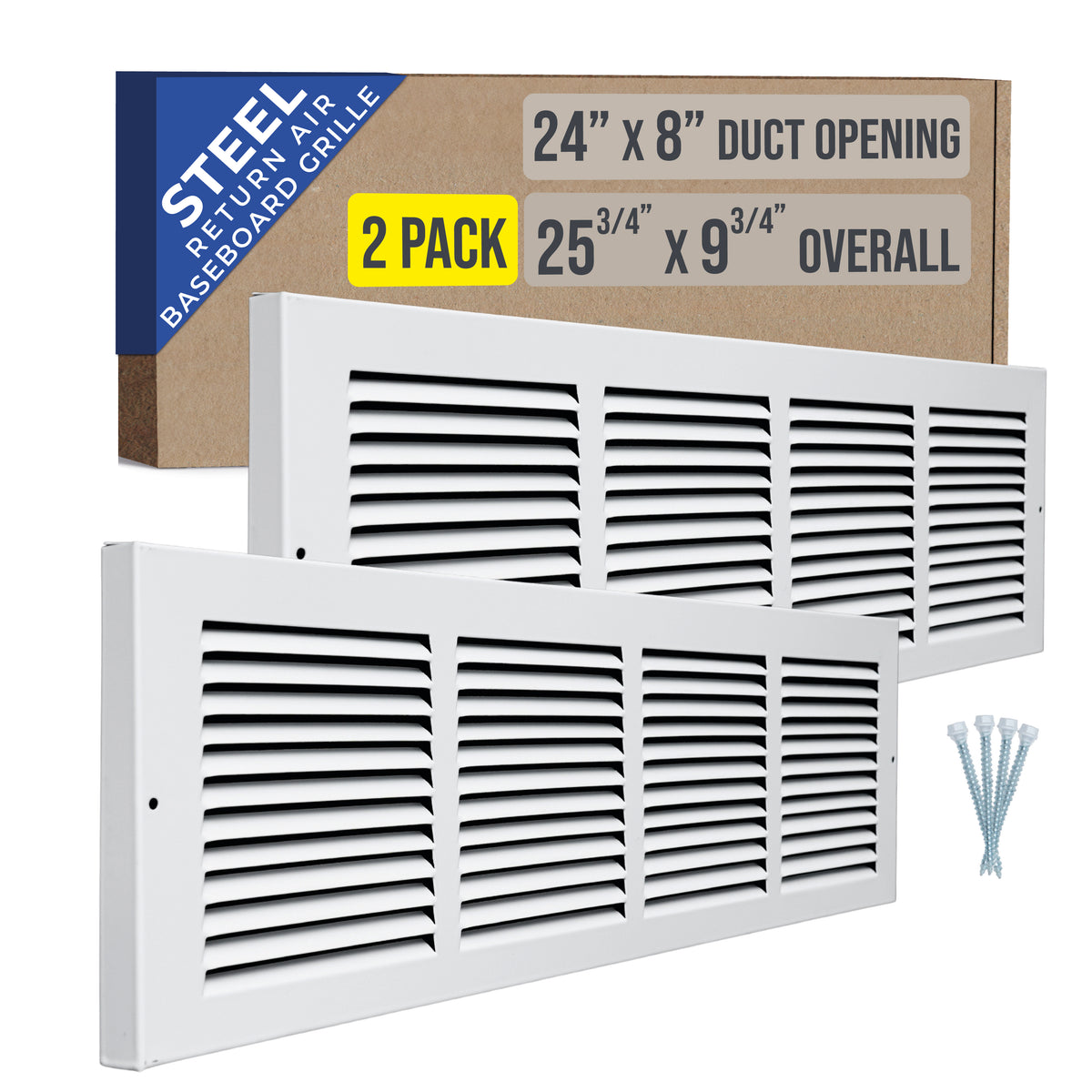 [2 Pack] 24"W x 8"H [Duct Opening] Baseboard Return Air Grille | 7/8" Margin Turnback to Fit Baseboard | White | Outer Dimensions: 25.75"W X 9.75"H