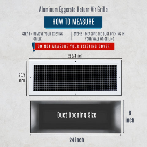 24" x 8" [Duct Opening] Aluminum Return Air Grille | Rust Proof Eggcrate Vent Cover Grill for Sidewall and Ceiling, White | Outer Dimensions: 25.75" X 9.75"