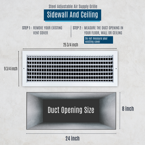 24"W x 8"H Steel Adjustable Air Supply Grille | Register Vent Cover Grill for Sidewall and Ceiling | White | Outer Dimensions: 25.75"W X 9.75"H for 24x8 Duct Opening