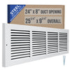 24"W x 8"H [Duct Opening] Baseboard Return Air Grille | 7/8" Margin Turnback to Fit Baseboard | White | Outer Dimensions: 25.75"W X 9.75"H