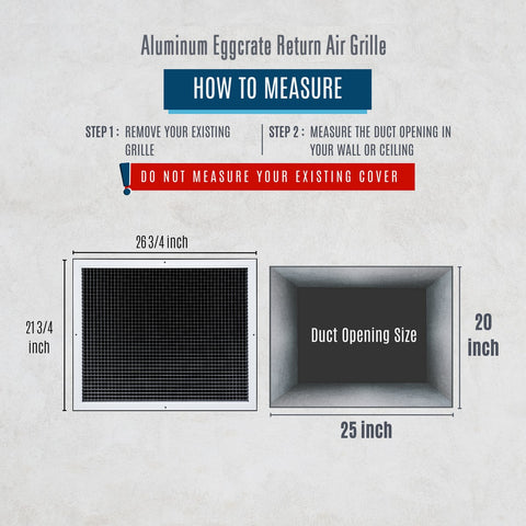 25" x 20" [Duct Opening] Aluminum Return Air Grille | Rust Proof Eggcrate Vent Cover Grill for Sidewall and Ceiling, White | Outer Dimensions: 26.75" X 21.75"