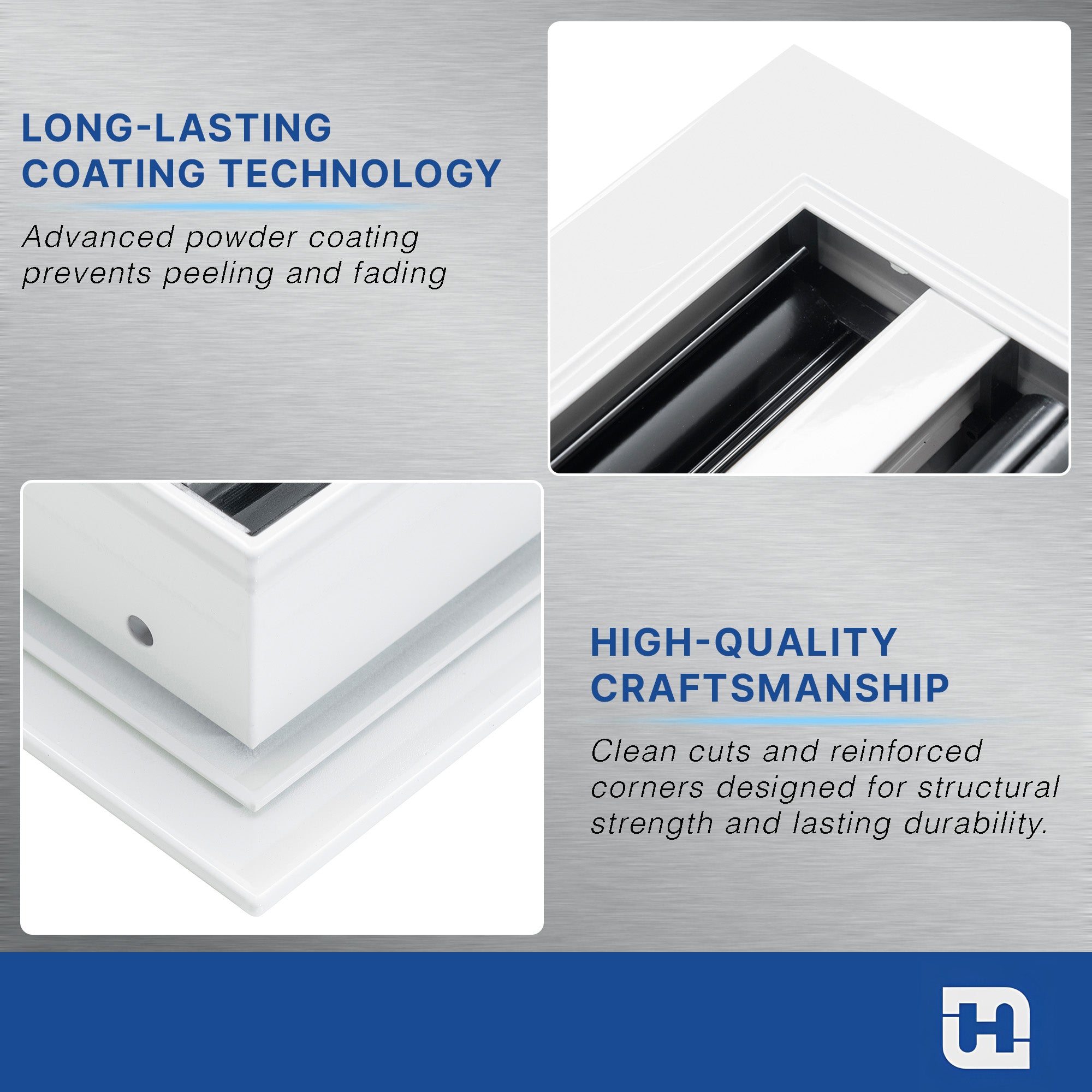 8 x 8-inch White Aluminum linear slot diffuser, frame corner detail