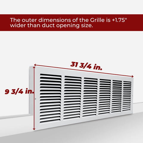 30"W x 8"H [Duct Opening] Baseboard Return Air Grille | 7/8" Margin Turnback to Fit Baseboard | White | Outer Dimensions: 31.75"W X 9.75"H