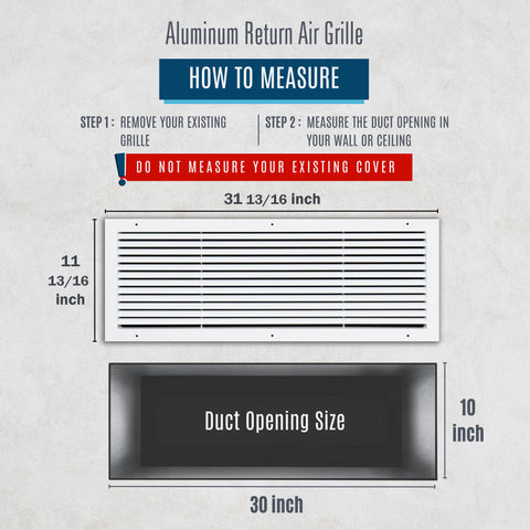 30"x10" Premium Aluminum Return Air Grille – Rust-Free HVAC Vent Cover for Wall & Ceiling | White | Out. Dim.: 31-13/16"W X 11-13/16"H