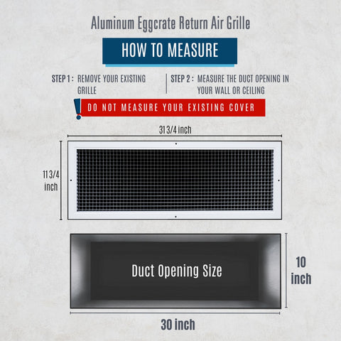 30" x 10" [Duct Opening] Aluminum Return Air Grille | Rust Proof Eggcrate Vent Cover Grill for Sidewall and Ceiling, White | Outer Dimensions: 31.75" X 11.75"