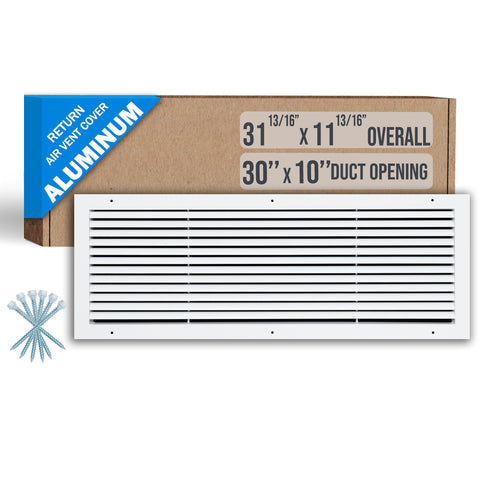 30"x10" Premium Aluminum Return Air Grille – Rust-Free HVAC Vent Cover for Wall & Ceiling | White | Out. Dim.: 31-13/16"W X 11-13/16"H