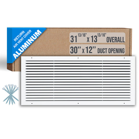 30"x12" Premium Aluminum Return Air Grille – Rust-Free HVAC Vent Cover for Wall & Ceiling | White | Out. Dim.: 31-13/16"W X 13-13/16"H