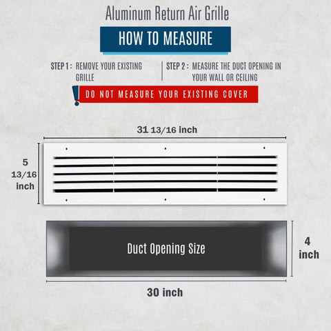 30"x4" Premium Aluminum Return Air Grille – Rust-Free HVAC Vent Cover for Wall & Ceiling | White | Out. Dim.: 31-13/16"W X 5-13/16"H