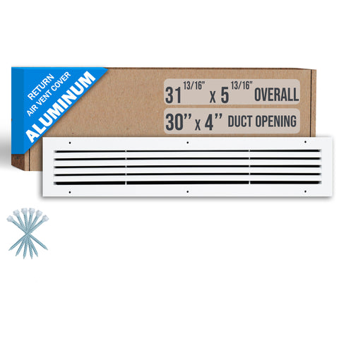 30"x4" Premium Aluminum Return Air Grille – Rust-Free HVAC Vent Cover for Wall & Ceiling | White | Out. Dim.: 31-13/16"W X 5-13/16"H