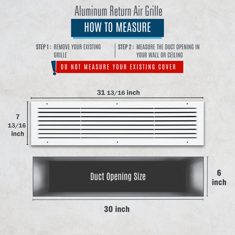 30"x6" Premium Aluminum Return Air Grille – Rust-Free HVAC Vent Cover for Wall & Ceiling | White | Out. Dim.: 31-13/16"W X 7-13/16"H