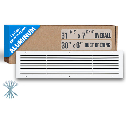 30"x6" Premium Aluminum Return Air Grille – Rust-Free HVAC Vent Cover for Wall & Ceiling | White | Out. Dim.: 31-13/16"W X 7-13/16"H