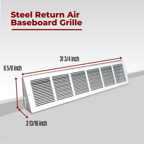 30"W x 6"H [Duct Opening] Steel Triangular Baseboard Return Air Grille | Air Register Vent Cover Grill | 3.75" Depth | White | Outer Dimensions: 31-3/4" x 6-5/8"