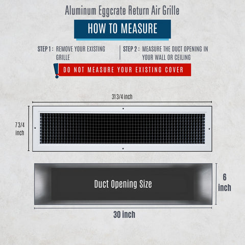 30" x 6" [Duct Opening] Aluminum Return Air Grille | Rust Proof Eggcrate Vent Cover Grill for Sidewall and Ceiling, White | Outer Dimensions: 31.75" X 7.75"