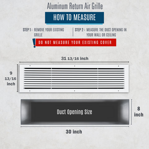 30"x8" Premium Aluminum Return Air Grille – Rust-Free HVAC Vent Cover for Wall & Ceiling | White | Out. Dim.: 31-13/16"W X 9-13/16"H
