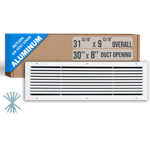 30"x8" Premium Aluminum Return Air Grille – Rust-Free HVAC Vent Cover for Wall & Ceiling | White | Out. Dim.: 31-13/16"W X 9-13/16"H