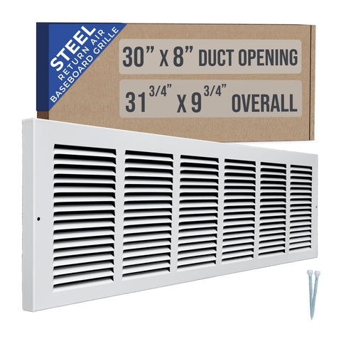 30"W x 8"H [Duct Opening] Baseboard Return Air Grille | 7/8" Margin Turnback to Fit Baseboard | White | Outer Dimensions: 31.75"W X 9.75"H