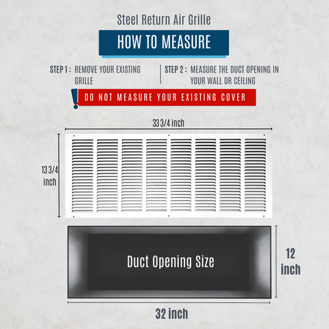 32" X 12" Duct Opening | Steel Return Air Grille for Sidewall and Ceiling | Outer Dimensions: 33.75"W X 13.75"H
