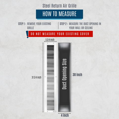 4" X 30" Duct Opening | Steel Return Air Grille for Sidewall and Ceiling | Outer Dimensions: 5.75"W X 31.75"H