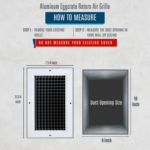 Fits 6x10 and 10x6 Duct Opening | Aluminum Eggcrate Return Air Grille | Low Noise & High Air Flow, Rust Proof Vent Cover Grill for Sidewall & Ceiling | White | Outer Dimensions: 7.75" X 11.75"