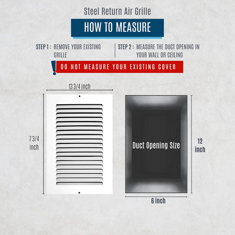 6"x12" Steel Return Air Grille – HVAC Cold Air Intake Vent Cover, White | Out. Dim.: 7-3/4"W X 13-3/4"H