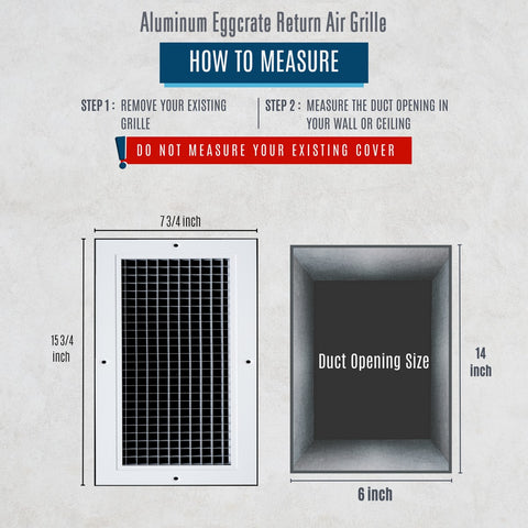 6" x 14" [Duct Opening] Aluminum Return Air Grille | Rust Proof Eggcrate Vent Cover Grill for Sidewall and Ceiling, White | Outer Dimensions: 7.75" X 15.75"