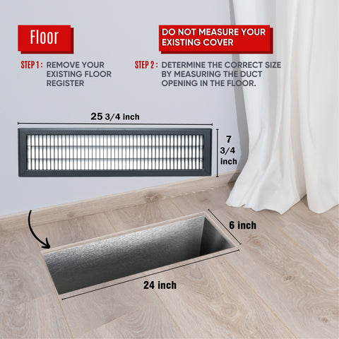 6"x24" Heavy Duty Return Air Floor Grille | Walkable Black | Out. Dim.: 7-3/4"W X 25-3/4"H
