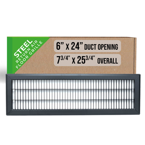 6"x24" Heavy Duty Return Air Floor Grille | Walkable Black | Out. Dim.: 7-3/4"W X 25-3/4"H