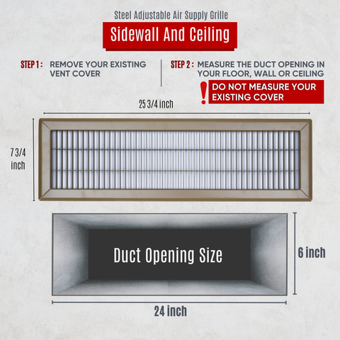 6"W x 24"H [Duct Opening] Return Air Floor Grille | Vent Cover Grill for Floor - Brown| Outer Dimensions: 7.75"W X 25.75"H