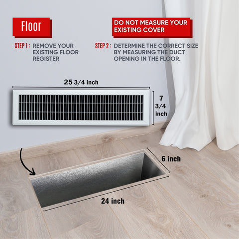 6"x24" Heavy Duty Return Air Floor Grille | Walkable White | Out. Dim.: 7-3/4"W X 25-3/4"H