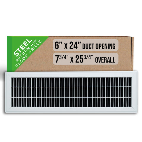 6"x24" Heavy Duty Return Air Floor Grille | Walkable White | Out. Dim.: 7-3/4"W X 25-3/4"H