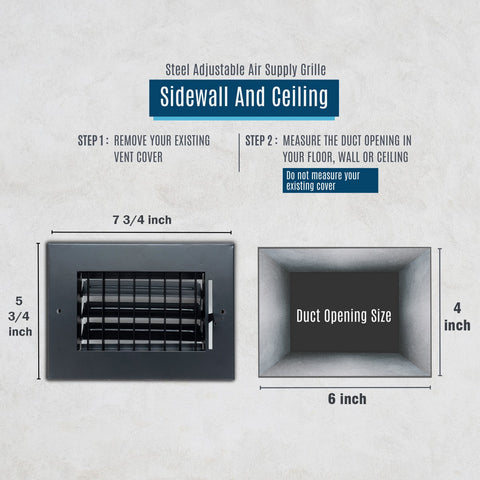 6x4 Steel Adjustable Air Vent Cover | Supply Register for Wall & Ceiling | Black | Outer Dimension: 7-3/4"W X 5-3/4"H