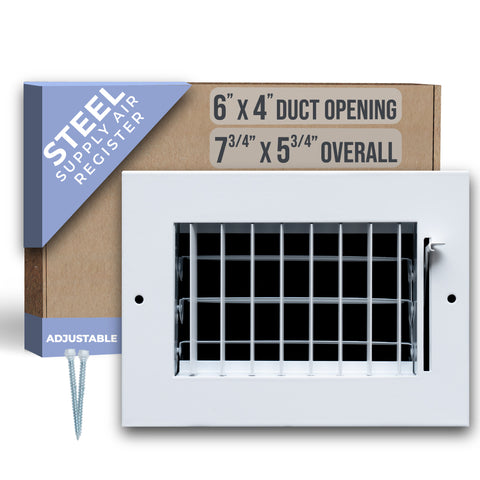 6"W x 4"H  Steel Adjustable Air Supply Grille | Register Vent Cover Grill for Sidewall and Ceiling | White | Outer Dimensions: 7.75"W X 5.75"H for 6x4 Duct Opening