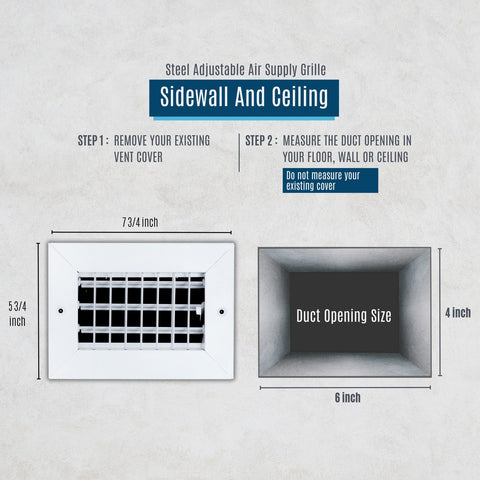 6x4 Steel Adjustable Air Vent Cover | Supply Register for Wall & Ceiling | White | Outer Dimension: 7-3/4"W X 5-3/4"H