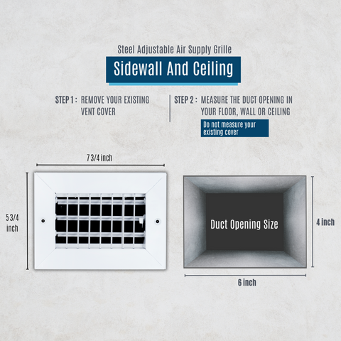 6"W x 4"H  Steel Adjustable Air Supply Grille | Register Vent Cover Grill for Sidewall and Ceiling | White | Outer Dimensions: 7.75"W X 5.75"H for 6x4 Duct Opening