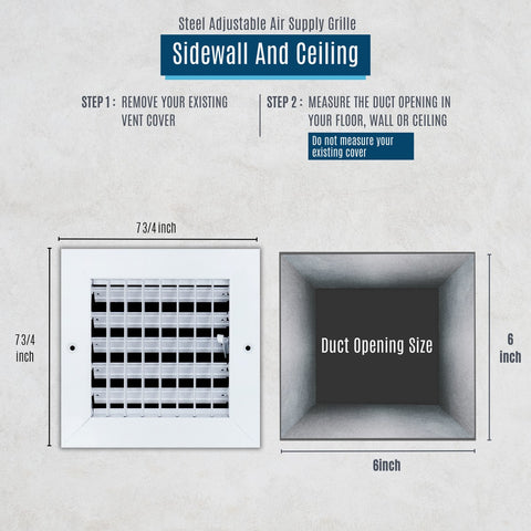 6x6 Steel Adjustable Air Vent Cover | Supply Register for Wall & Ceiling | Black | Outer Dimension: 7-3/4"W X 7-3/4"H