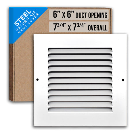 6" X 6" Duct Opening | Steel Return Air Grille for Sidewall and Ceiling | Outer Dimensions: 7.75"W X 7.75"H