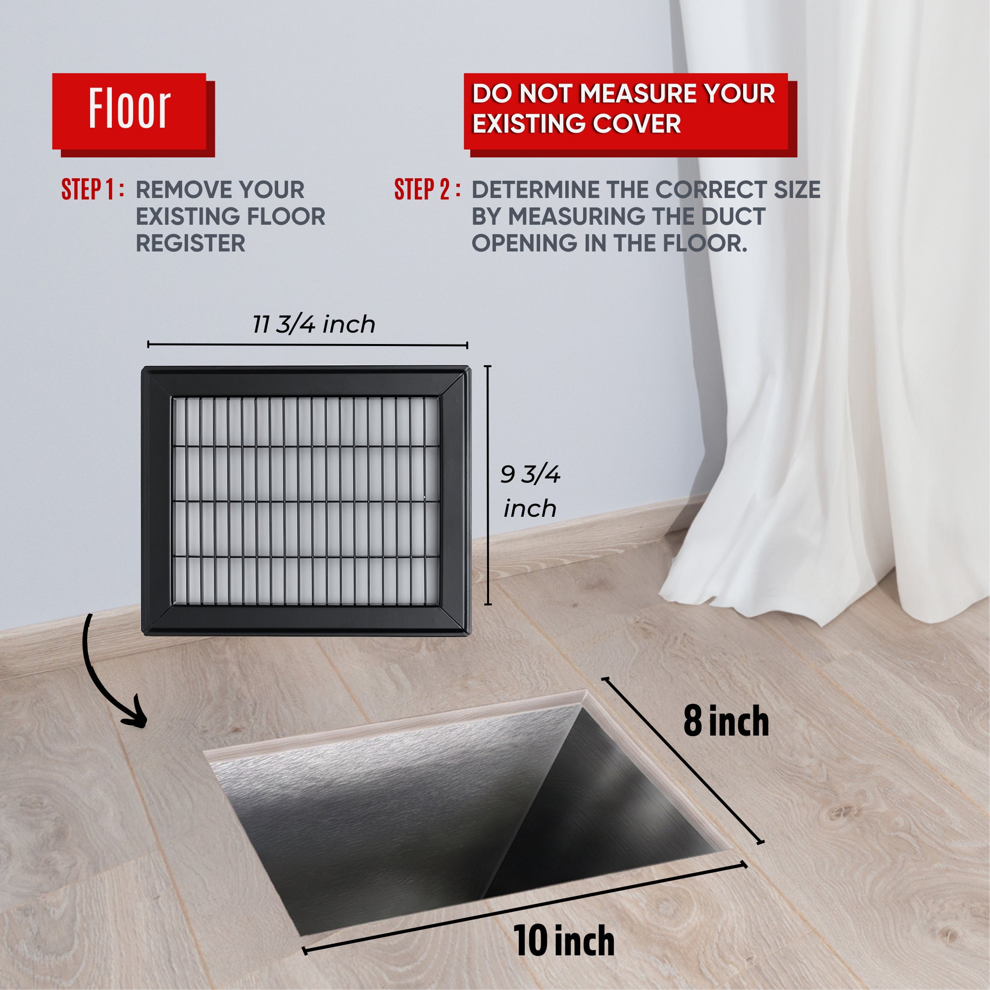 8 x 10-inch Black Steel heavy duty return floor register, dimensions