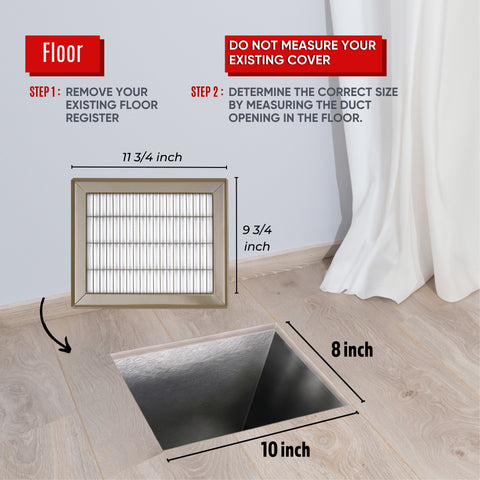 8 x 10-inch Brown Steel heavy duty return floor register, dimensions