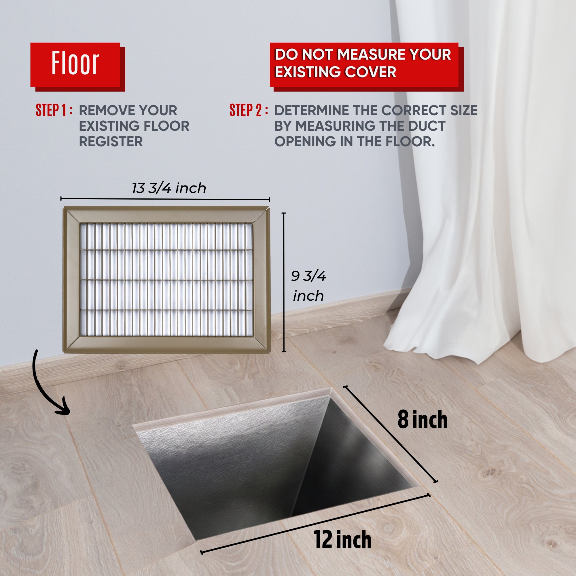 8 x 12-inch Brown Steel heavy duty return floor register, dimensions