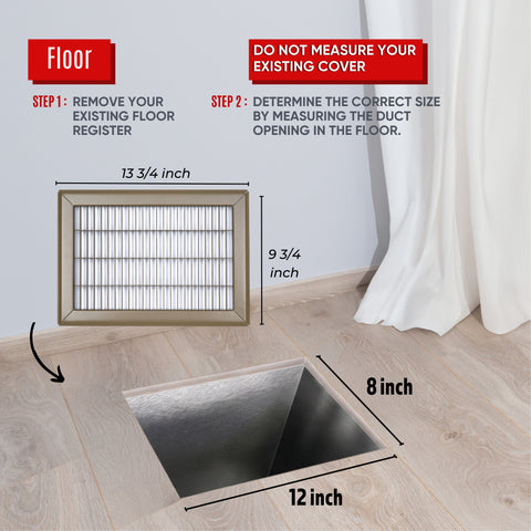 8 x 12-inch Brown Steel heavy duty return floor register, dimensions