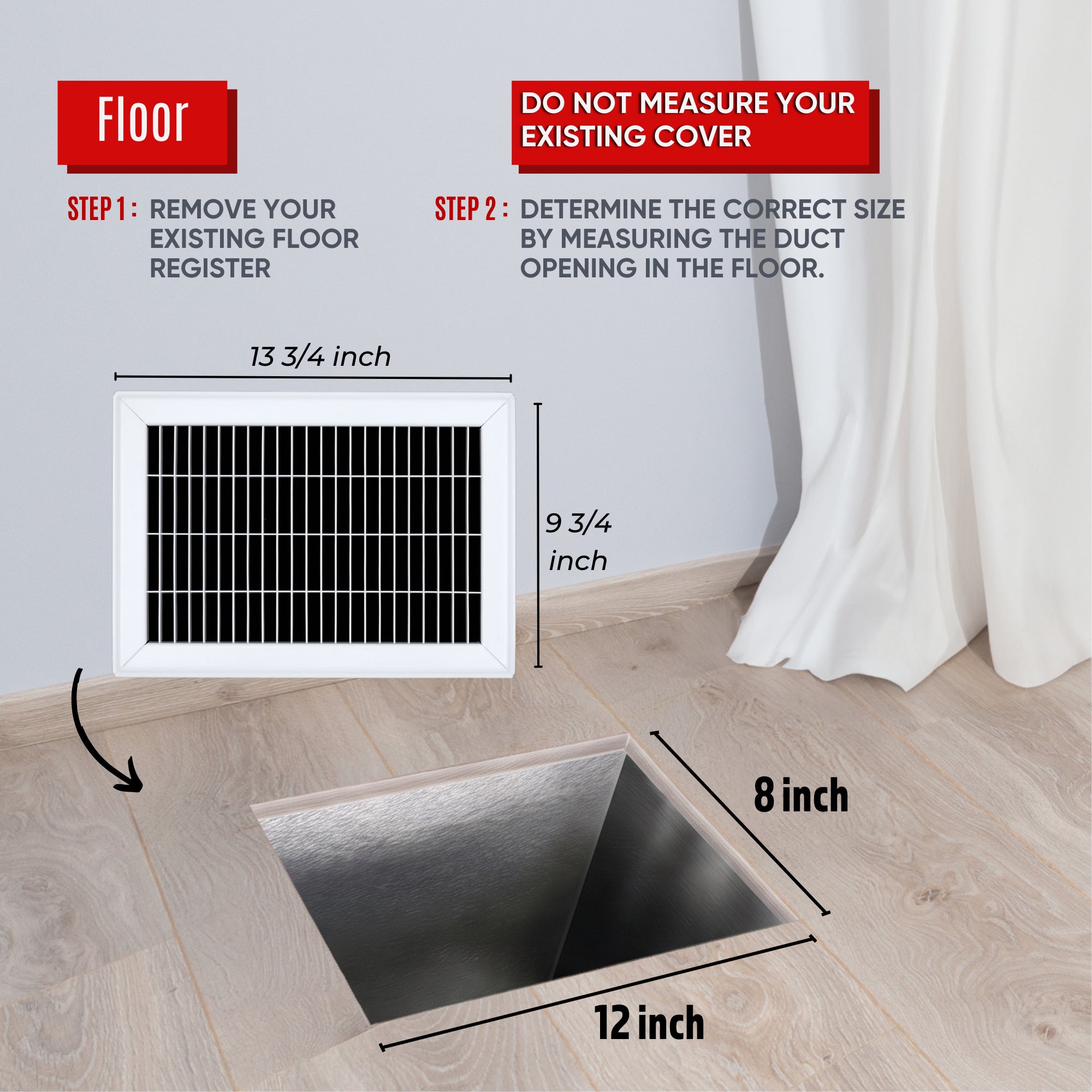 8 x 12-inch White Steel heavy duty return floor register, dimensions
