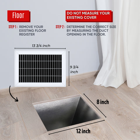 8 x 12-inch White Steel heavy duty return floor register, dimensions